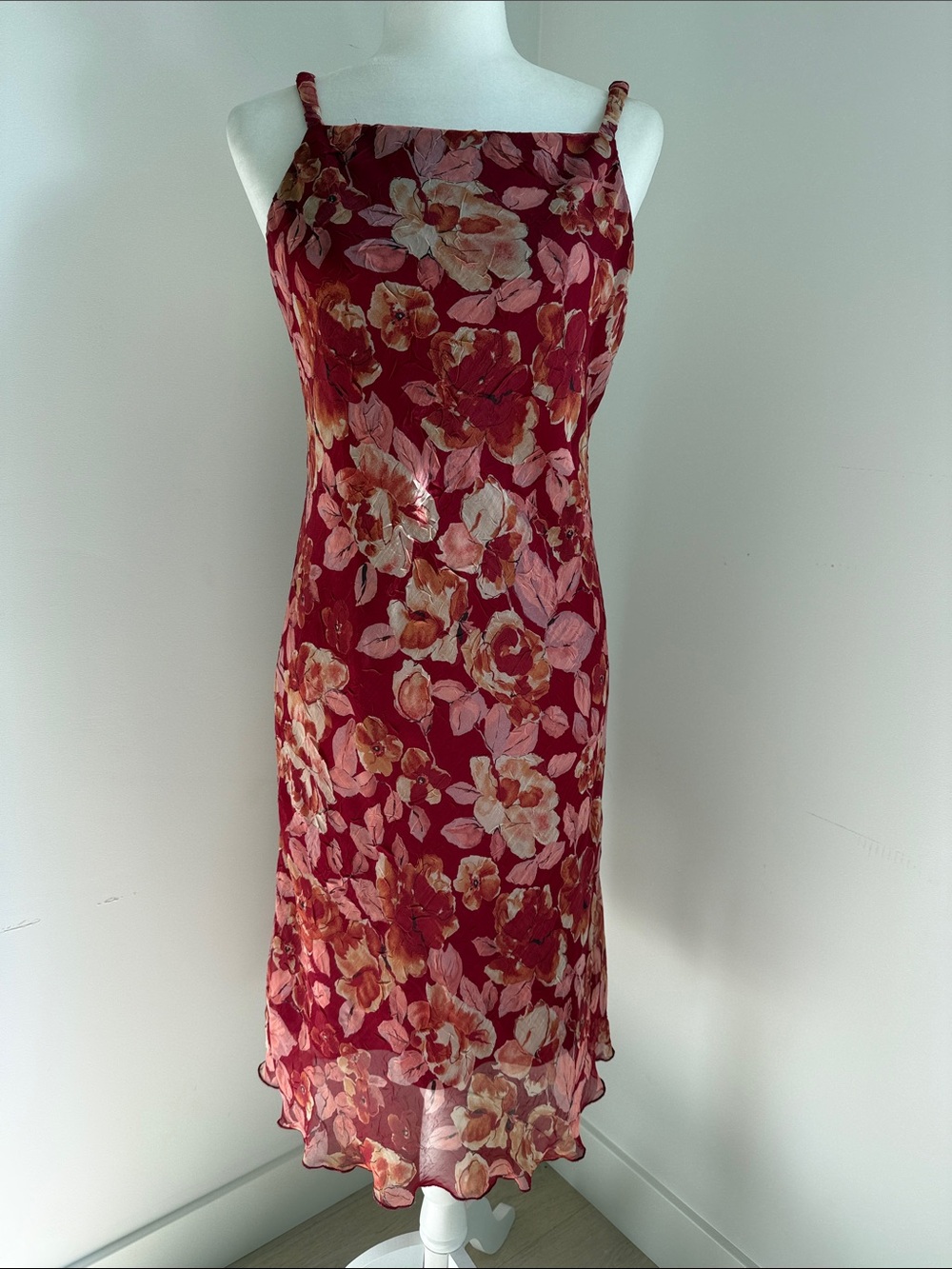 Vintage 90s City Triangles Red Floral Midi Slip Dress